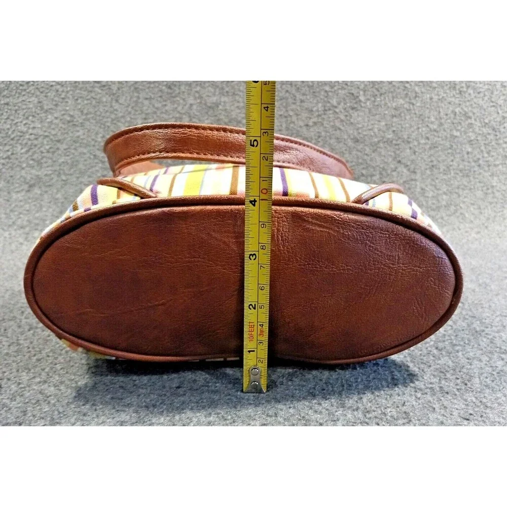 Longaberger Tote Bag Multicolor Stiped Brown Leather Handles and Bottom Pockets